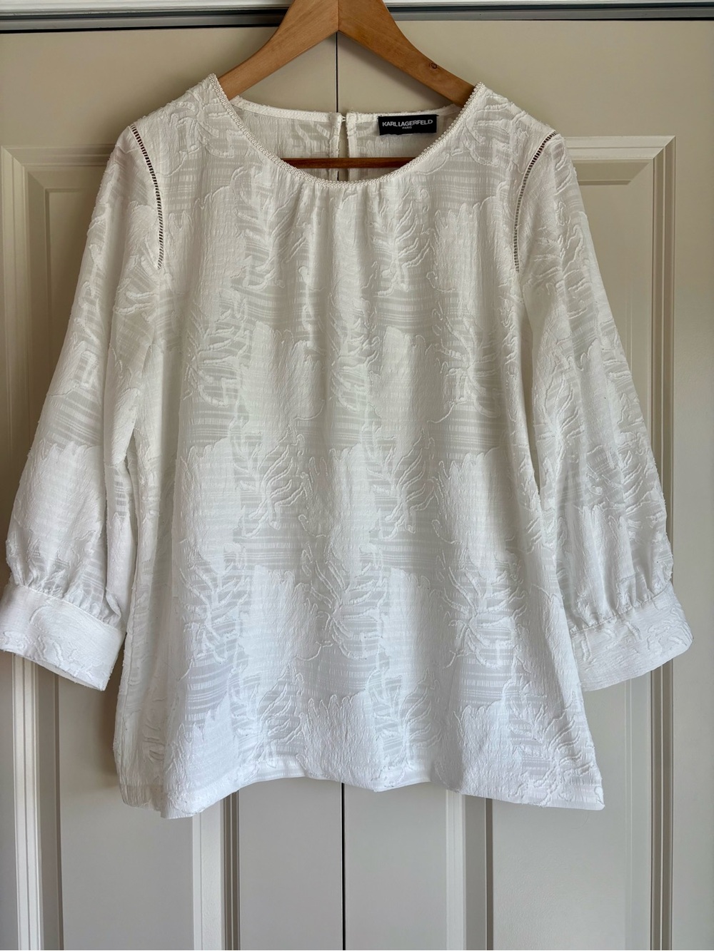 Karl Lagerfeld Paris White Eyelet Texture Blouse | Puff Sleeve Top | Resort Chic